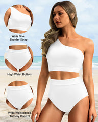 Sunnylia - One Shoulder High Waisted Bikini Sets Two Piece Swimsuit Tummy Control-Pink