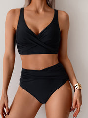 Sunnylia - Women's High Waisted Bikini Sets Solid Pleated 2 Piece Swimsuits Sexy Beach Sets with Removable Pads