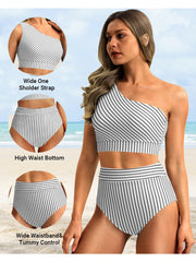 Sunnylia - One Shoulder High Waisted Bikini Sets Two Piece Swimsuit Tummy Control-Black