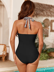 Sunnylia - Women One Piece Swimsuit Leopard Splicing Halter V Neck Sexy Tummy Control Push Up Swimwear Back Tie Bathing Suit