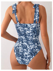 Sunnylia - Women's One Piece Swimsuits Tummy Control Bathing Suits V Neck Boho Tie Shoulder Ruched Full