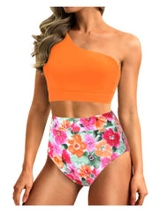 Sunnylia - One Shoulder High Waisted Bikini Sets Two Piece Swimsuit Tummy Control-Black
