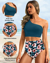 Sunnylia - One Shoulder High Waisted Bikini Sets Two Piece Swimsuit Tummy Control-Pink