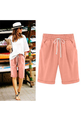 Sunnylia - Women's Elastic Waist Knee Length Casual Cotton Bermuda Shorts with Drawstring