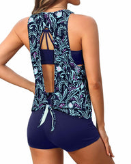 Sunnylia - Women's 3 Piece Scoop Neck Criss Cross Tankini Swimsuits
