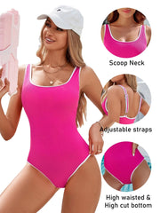 Sunnylia - Women's One Piece Swimsuit Sports Adjustable Strap Bathing Suit Color Block Ribbed High Cut Swimsuits