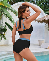Sunnylia - Stylish High Waist Ruched Color Block Bikini Set