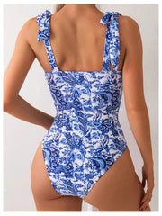 Sunnylia - Women's One Piece Swimsuits Tummy Control Bathing Suits V Neck Boho Tie Shoulder Ruched Full