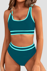 Sunnylia - Women's High Waisted Bikini Sets Sporty Two Piece Swimsuits Color Block Cheeky High Cut Bathing Suits