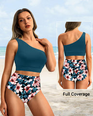 Sunnylia - One Shoulder High Waisted Bikini Sets Two Piece Swimsuit Tummy Control-Pink