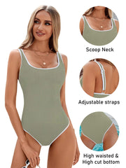 Sunnylia - Women's One Piece Swimsuit Sports Adjustable Strap Bathing Suit Color Block Ribbed High Cut Swimsuits