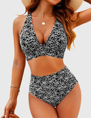 Sunnylia - Women Embroidery Print High Waisted Bikini Sets V Neck Tummy Control Bathing Suit Two Piece Curvy Swimsuits