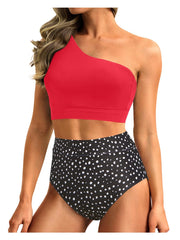 Sunnylia - One Shoulder High Waisted Bikini Sets Two Piece Swimsuit Tummy Control-Black