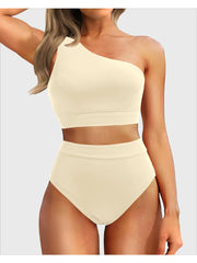 Sunnylia - One Shoulder High Waisted Bikini Sets Two Piece Swimsuit Tummy Control-Black