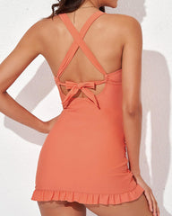 Sunnylia - Deep V Cross Back Ruched One Piece Swimsuit