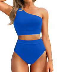 Sunnylia - One Shoulder High Waisted Bikini Sets Two Piece Swimsuit Tummy Control-Pink