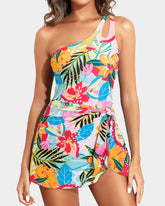 Sunnylia - One Shoulder One Piece Swim Dress for Women Tummy Control Swimsuit with Skirt