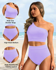 Sunnylia - One Shoulder High Waisted Bikini Sets Two Piece Swimsuit Tummy Control-Pink