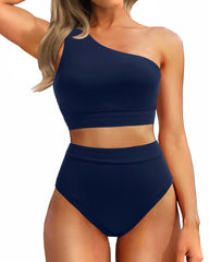 Sunnylia - One Shoulder High Waisted Bikini Sets Two Piece Swimsuit Tummy Control-Pink