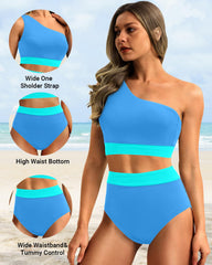 Sunnylia - One Shoulder High Waisted Bikini Sets Two Piece Swimsuit Tummy Control-Pink