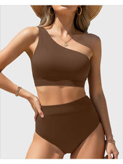 Sunnylia - One Shoulder High Waisted Bikini Sets Two Piece Swimsuit Tummy Control-Black