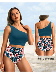 Sunnylia - One Shoulder High Waisted Bikini Sets Two Piece Swimsuit Tummy Control-Black