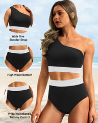 Sunnylia - One Shoulder High Waisted Bikini Sets Two Piece Swimsuit Tummy Control-Pink