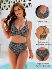 Sunnylia - Women Embroidery Print High Waisted Bikini Sets V Neck Tummy Control Bathing Suit Two Piece Curvy Swimsuits