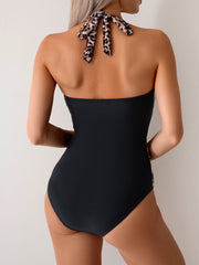 Sunnylia - Women One Piece Swimsuit Leopard Splicing Halter V Neck Sexy Tummy Control Push Up Swimwear Back Tie Bathing Suit