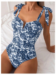 Sunnylia - Women's One Piece Swimsuits Tummy Control Bathing Suits V Neck Boho Tie Shoulder Ruched Full