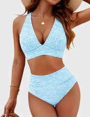 Sunnylia - Women Embroidery Print High Waisted Bikini Sets V Neck Tummy Control Bathing Suit Two Piece Curvy Swimsuits