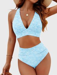 Sunnylia - Women Embroidery Print High Waisted Bikini Sets V Neck Tummy Control Bathing Suit Two Piece Curvy Swimsuits