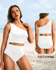 Sunnylia - One Shoulder High Waisted Bikini Sets Two Piece Swimsuit Tummy Control-Pink