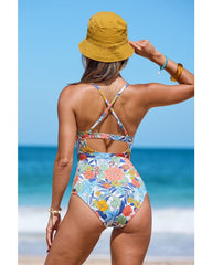 Sunnylia - Beach Floral Colorblock Print Low-cut Slim One Piece Tummy control Swimsuit