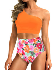 Sunnylia - One Shoulder High Waisted Bikini Sets Two Piece Swimsuit Tummy Control-Pink