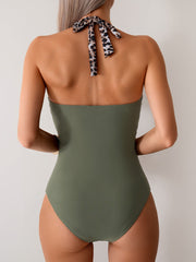 Sunnylia - Women One Piece Swimsuit Leopard Splicing Halter V Neck Sexy Tummy Control Push Up Swimwear Back Tie Bathing Suit