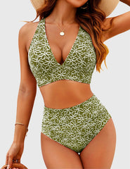 Sunnylia - Women Embroidery Print High Waisted Bikini Sets V Neck Tummy Control Bathing Suit Two Piece Curvy Swimsuits