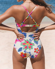 Sunnylia - Beach Floral Colorblock Print Low-cut Slim One Piece Tummy control Swimsuit