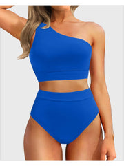 Sunnylia - One Shoulder High Waisted Bikini Sets Two Piece Swimsuit Tummy Control-Black