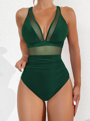 Sunnylia - Women Plus Size One Piece Swimsuit V Neck Mesh Sheer Tummy Control Bathing Suit