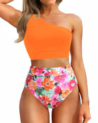 Sunnylia - One Shoulder High Waisted Bikini Sets Two Piece Swimsuit Tummy Control-Pink
