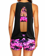 Sunnylia - Women's 3 Piece Scoop Neck Criss Cross Tankini Swimsuits