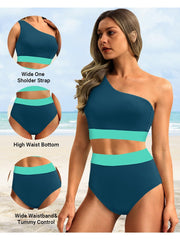 Sunnylia - One Shoulder High Waisted Bikini Sets Two Piece Swimsuit Tummy Control-Black