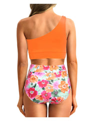 Sunnylia - One Shoulder High Waisted Bikini Sets Two Piece Swimsuit Tummy Control-Black