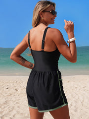 Sunnylia - Women's Colorblock Sporty Tummy Control One Piece Bathing Suit with Shorts Pockets