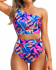 Sunnylia - One Shoulder High Waisted Bikini Sets Two Piece Swimsuit Tummy Control-Pink