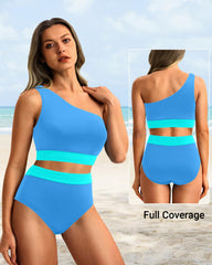 Sunnylia - One Shoulder High Waisted Bikini Sets Two Piece Swimsuit Tummy Control-Pink