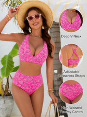 Sunnylia - Women Embroidery Print High Waisted Bikini Sets V Neck Tummy Control Bathing Suit Two Piece Curvy Swimsuits