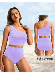 Sunnylia - One Shoulder High Waisted Bikini Sets Two Piece Swimsuit Tummy Control-Black