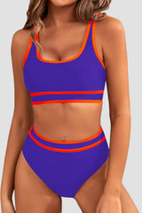 Sunnylia - Women's High Waisted Bikini Sets Sporty Two Piece Swimsuits Color Block Cheeky High Cut Bathing Suits